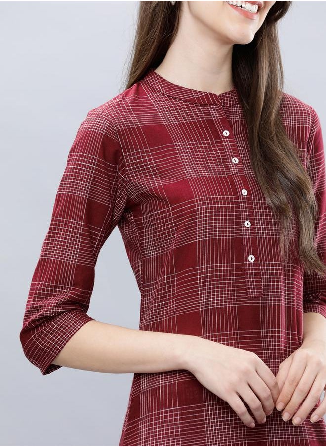 Vishudh - Women Maroon & Off-White Checked A-Line Kurta by Styli - Image 1