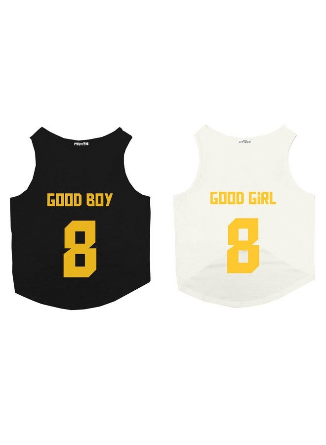 روسيبين مجموعة من 2 قميص Good Boy & Good Girl Jersey رقم 8 مطبوع عليه صورة كلب بدون أكمام ورقبة مستديرة وقميص/تي شيرت/ملابس/تي شيرت هدية كومبو للكلاب (أسود/أبيض) كبير (دي سي/ضالة، دوبيرمان وما إلى ذلك) - Image 2