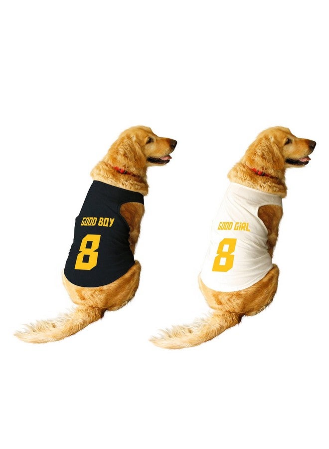 روسيبين مجموعة من 2 قميص Good Boy & Good Girl Jersey رقم 8 مطبوع عليه صورة كلب بدون أكمام ورقبة مستديرة وقميص/تي شيرت/ملابس/تي شيرت هدية كومبو للكلاب (أسود/أبيض) كبير (دي سي/ضالة، دوبيرمان وما إلى ذلك) - Image 1
