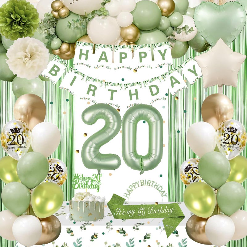 GYESXYW 20th Birthday Decorations, Sage Green 20th Bday Decorations for Women Happy Birthday Banner Green Gold Balloons Crown Sash Fringe Curtain Tablecloth Cake Topper for Bday Decor - Image 1