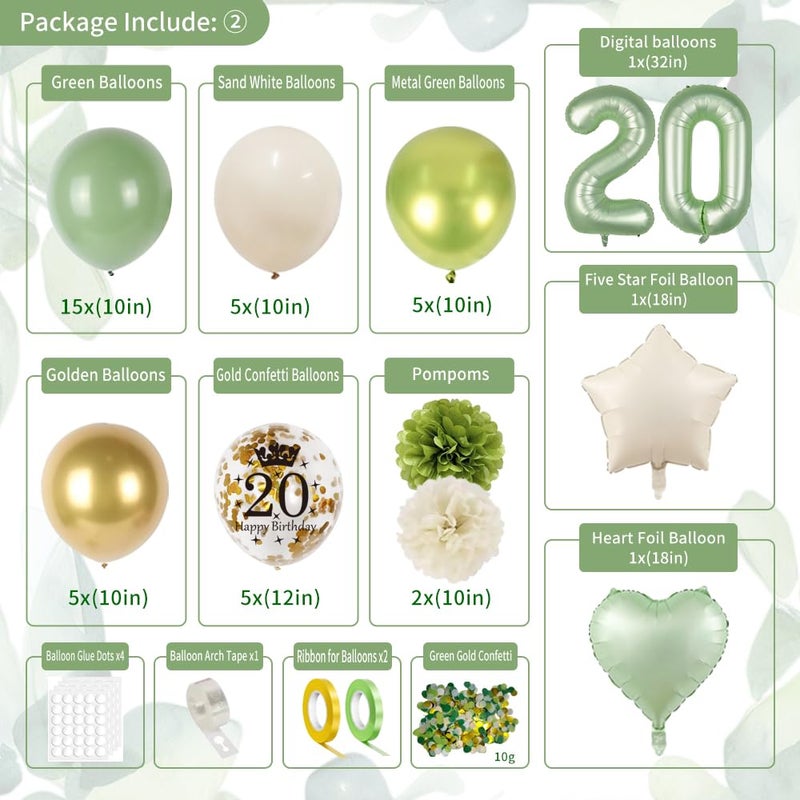 GYESXYW 20th Birthday Decorations, Sage Green 20th Bday Decorations for Women Happy Birthday Banner Green Gold Balloons Crown Sash Fringe Curtain Tablecloth Cake Topper for Bday Decor - Image 3