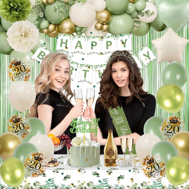 GYESXYW 20th Birthday Decorations, Sage Green 20th Bday Decorations for Women Happy Birthday Banner Green Gold Balloons Crown Sash Fringe Curtain Tablecloth Cake Topper for Bday Decor - Image 4