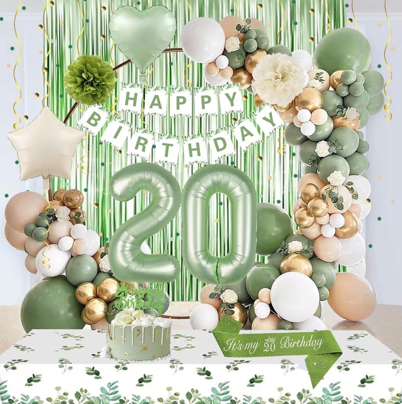 GYESXYW 20th Birthday Decorations, Sage Green 20th Bday Decorations for Women Happy Birthday Banner Green Gold Balloons Crown Sash Fringe Curtain Tablecloth Cake Topper for Bday Decor - Image 5