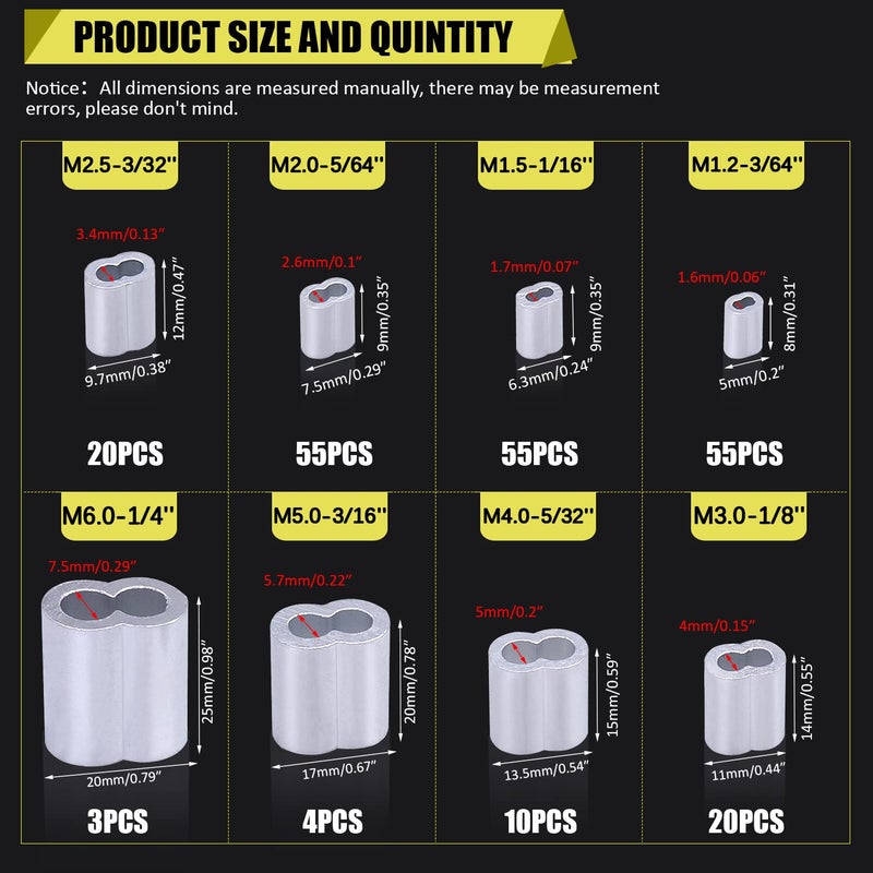 Twidec مجموعة متنوعة من حلقات تثبيت الأسلاك والكابلات من الألومنيوم، 222 قطعة، بثمانية مقاسات، من M1.2 إلى M6 (من 3/64 بوصة إلى 1/4 بوصة)، رقم المنتج N-019-222 قطعة - Image 2