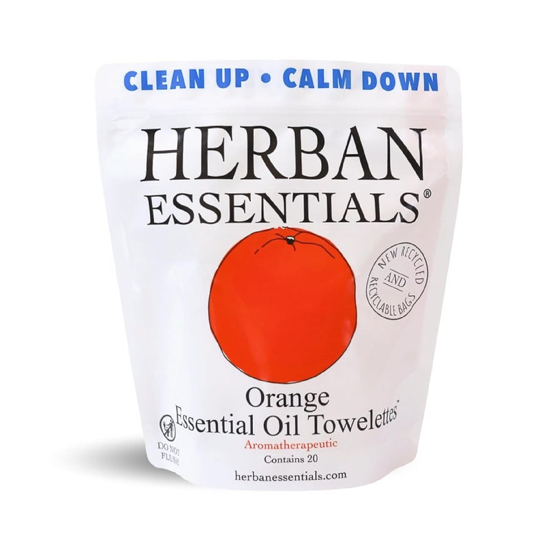 Herban Essentials Orange Towelettes  Essential Oil Wipes for Hands Travel Face Wipes  Natural Hand Wipes Moist Towelettes Individually Wrapped Body Wipes  20 Count