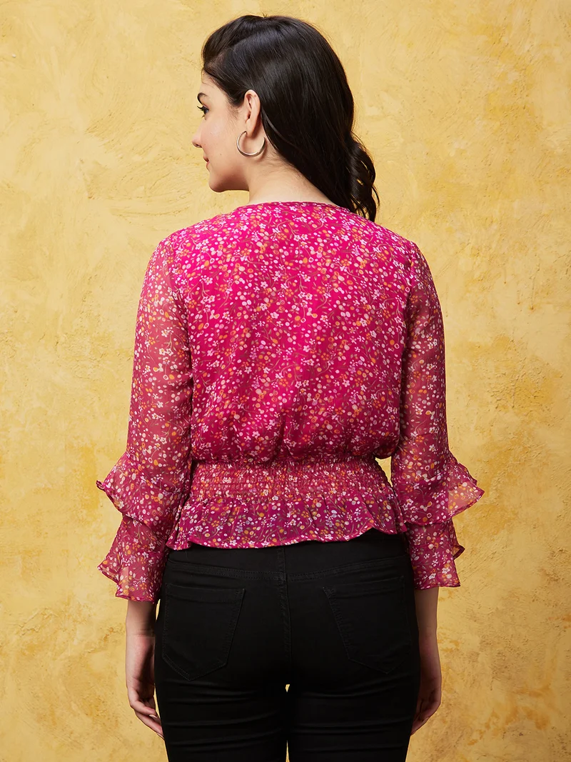 جلو باص Women Pink & White Floral Print V-Neck Smocked Wrap Top