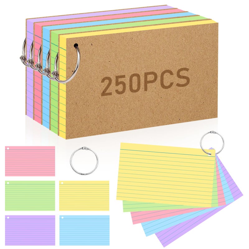 ANSTEEP 4x6 Inches Index Cards, 250PCS Colored Flash Cards with Ring, Lined on Both Side Notecards Ruled Study Card Flashcards Heavy Note Cards for Studying, Learning, School, College - Image 1