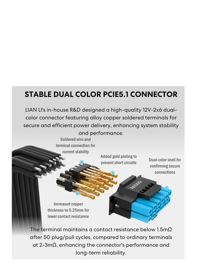 ليان لي مزود طاقة ايه تي اكس معياري بالكامل منخفض الضوضاء من EDGE850W - متوافق مع ATX 3.1 وPCIE 5.1 - كفاءة ذهبية - كيبل 12 فولت - 2×6 - تصميم على شكل حرف L - بدون موزع USB/مروحة - اسود (EG0850G.B) - Image 3