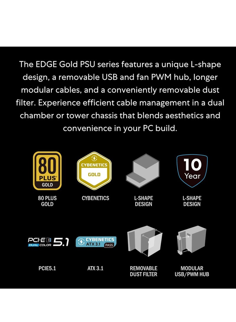 ليان لي مزود طاقة ايه تي اكس معياري بالكامل منخفض الضوضاء من EDGE850W - متوافق مع ATX 3.1 وPCIE 5.1 - كفاءة ذهبية - كيبل 12 فولت - 2×6 - تصميم على شكل حرف L - بدون موزع USB/مروحة - اسود (EG0850G.B) - Image 4