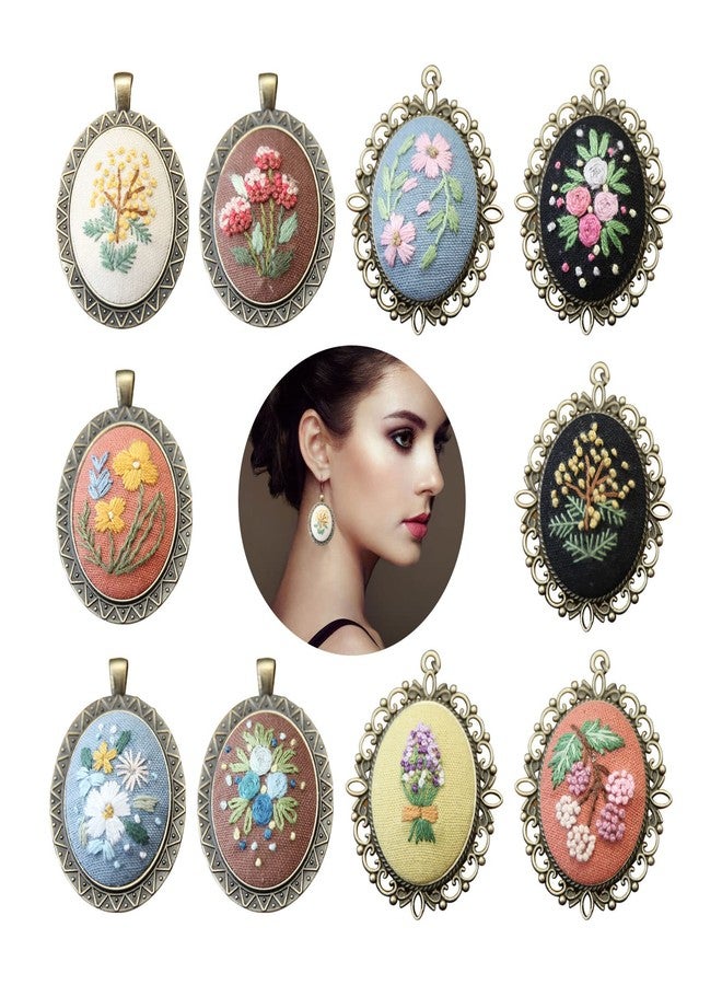 dcvbny 10 Pack Embroidery Pendant Kit with Instructions, Mini Flower Patterns Embroidered Pendant Necklace with Chain,Needle Thread ,Small Cross Stitch Kit with Canvas Cloth Hoop for Adults DIY Art Crafts - Image 1