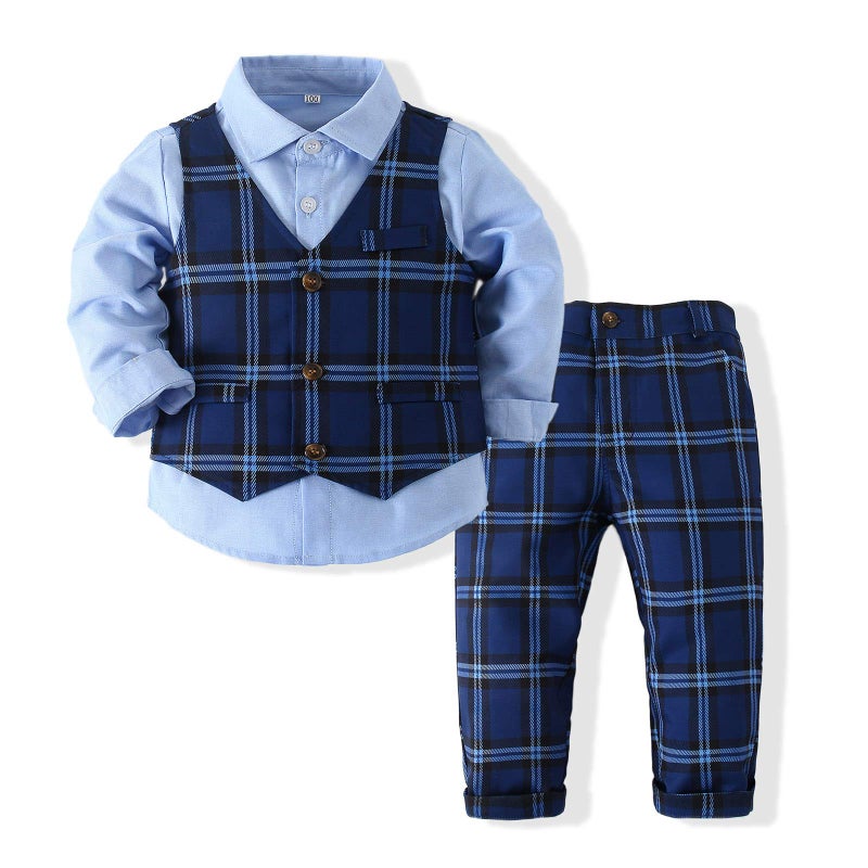 Kimocat Kimocat Boys Plaid Button Down Polyester Casual Dress Shirt Slim Fit VestPant Outfits Blue 612 Months 
