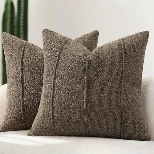 YCOLL Textured Boucle Throw Pillow Covers 20x20 Pack of 2 Soft Neutral Striped Cushion Covers Cozy Accent Decorative Pillow Covers for Couch Sofa Bed Living Room Brown - Image 1