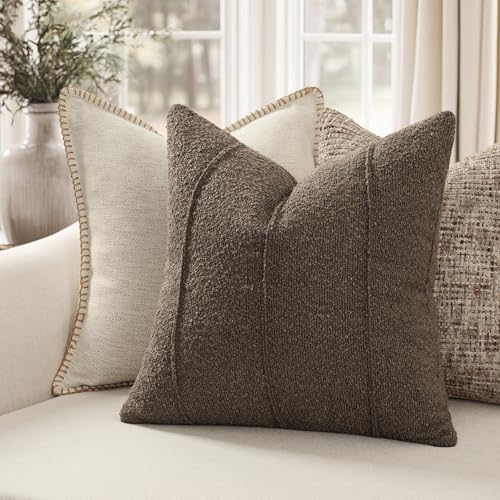 YCOLL Textured Boucle Throw Pillow Covers 20x20 Pack of 2 Soft Neutral Striped Cushion Covers Cozy Accent Decorative Pillow Covers for Couch Sofa Bed Living Room Brown - Image 3