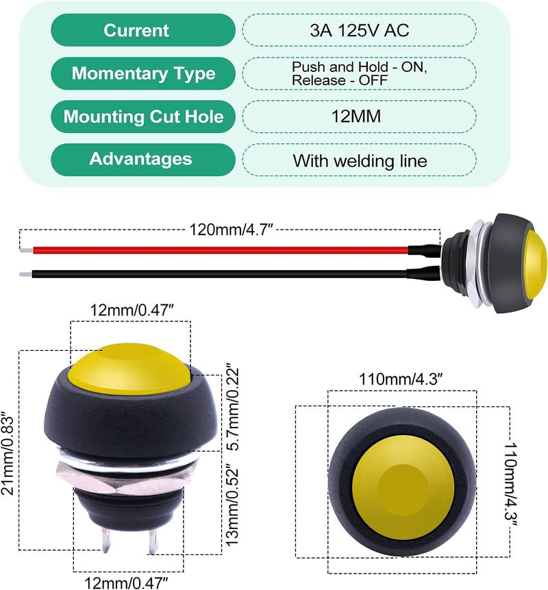 Twidec /6Pcs 12mm Momentary Push Button Switch 1/2" Mounting Hole On Off Mini Round Waterproof Yellow with Pre-soldered Wires PBS-33B-Y-X - Image 2