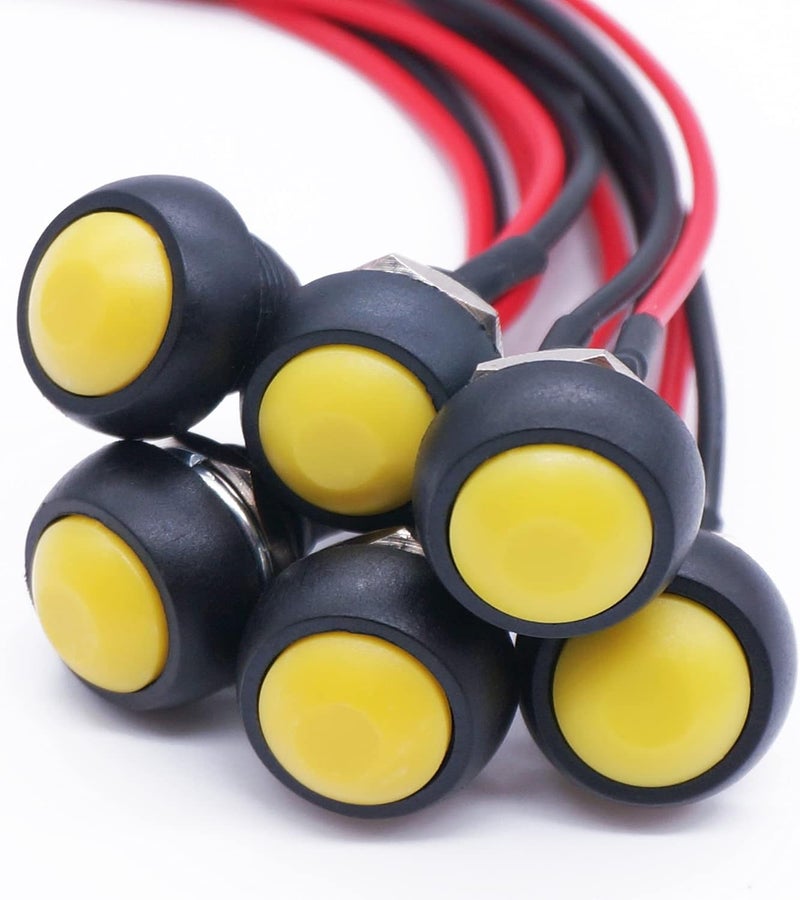 Twidec /6Pcs 12mm Momentary Push Button Switch 1/2" Mounting Hole On Off Mini Round Waterproof Yellow with Pre-soldered Wires PBS-33B-Y-X - Image 1