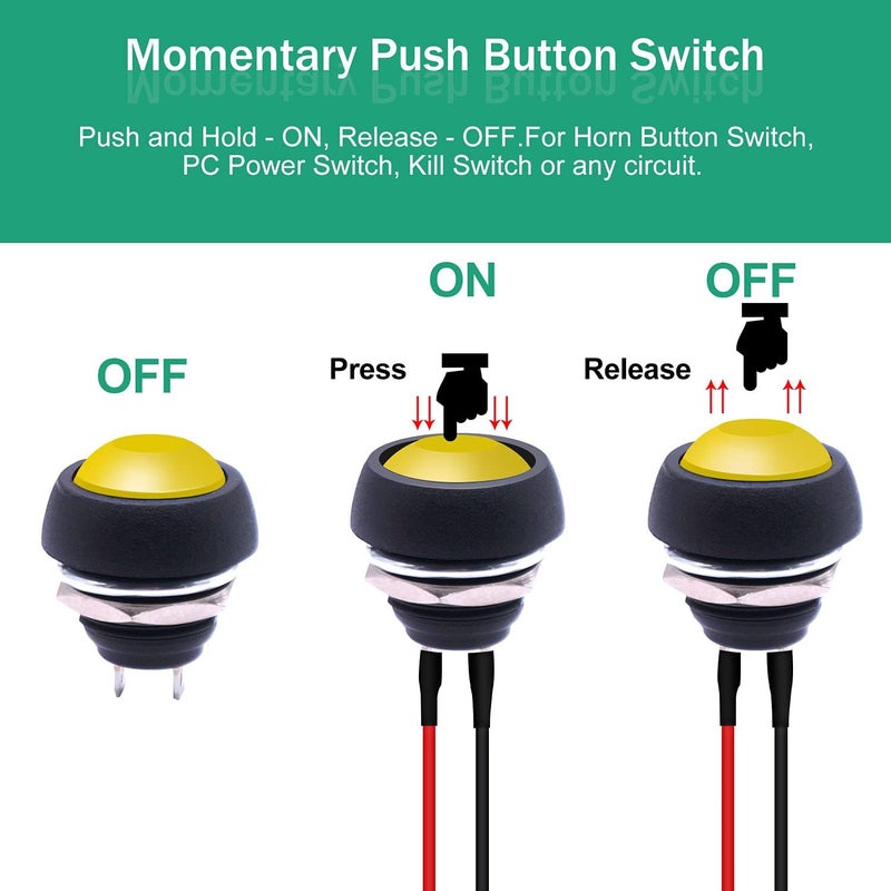 Twidec /6Pcs 12mm Momentary Push Button Switch 1/2" Mounting Hole On Off Mini Round Waterproof Yellow with Pre-soldered Wires PBS-33B-Y-X - Image 4