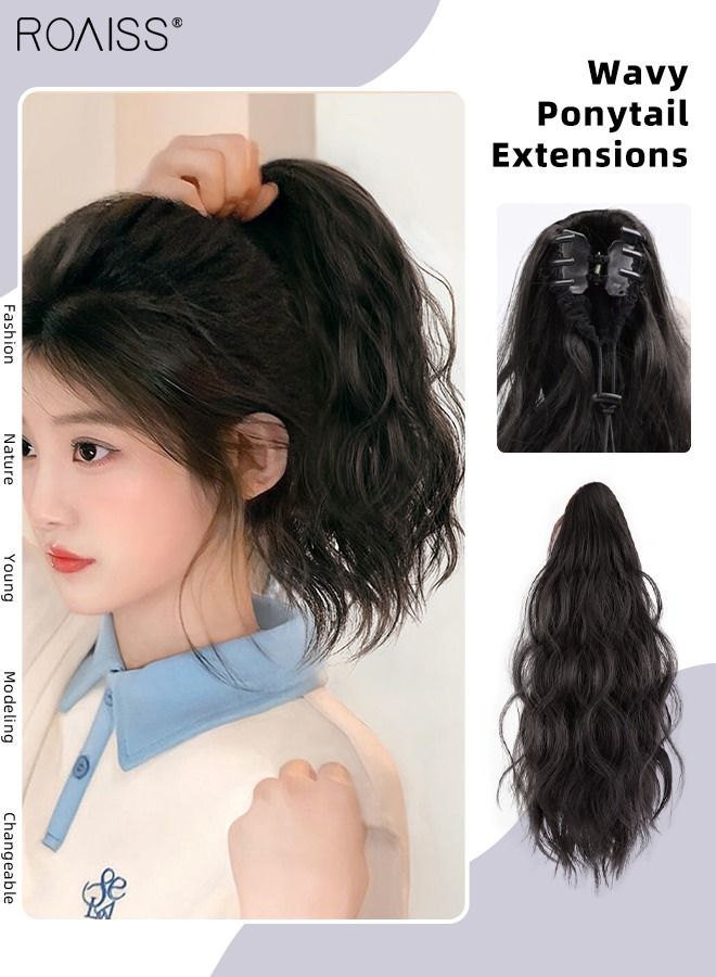 roaiss Wavy Ponytail Extensions Mini Claw Clip Natural Ponytail Wig with Drawstring Synthetic Hairpiece for Women Girls Party Hairstyle Daily Use 25cm (10 inches) - Brown Black - Image 1