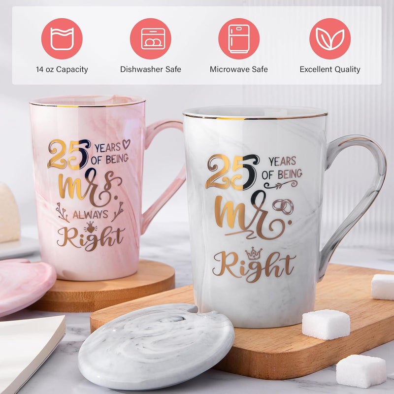 ALBISS 25th Wedding Anniversary Gifts for Couple, Unique Coffee Mugs Set, 14oz Ceramic Marble Cups With Lid, Spoons, Card, Gift Box Ideas Gift Mr Right Mrs Always Right for Married Couples, Anniversary - Image 2