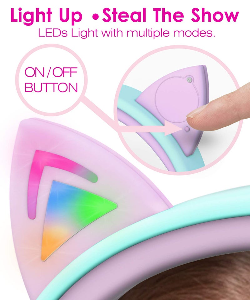 FosPower Kids Headphones with LED Cat Ears (85dB Safe Volume Limit), 3.5mm Soft On-Ear Wired Headphones with Tangle-Free Laced Cables for iPad/Tablet/School/Travel - Teal/Light Purple - Image 5