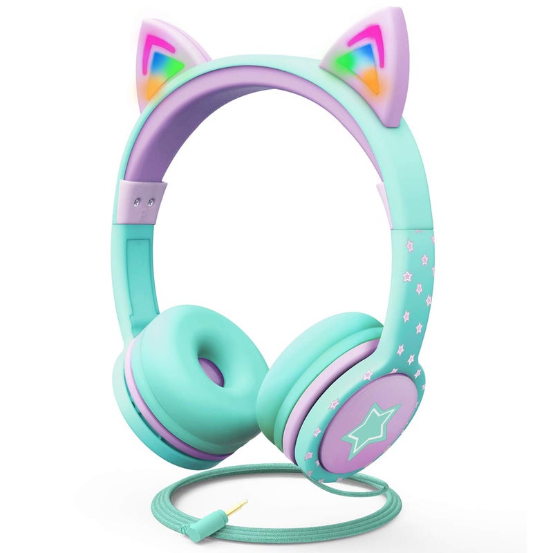 FosPower Kids Headphones with LED Cat Ears (85dB Safe Volume Limit), 3.5mm Soft On-Ear Wired Headphones with Tangle-Free Laced Cables for iPad/Tablet/School/Travel - Teal/Light Purple - Image 1