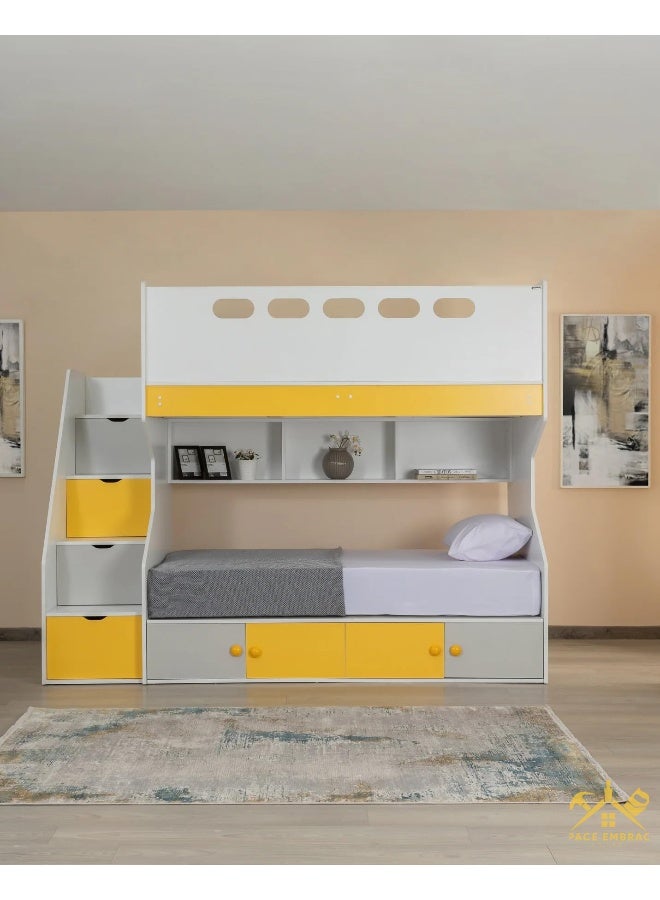Kids Bunk Bed with Storage, Wide, Built-in Ladder, and , Double Beds 120 x Bed 200 W x 120 H x 200 L