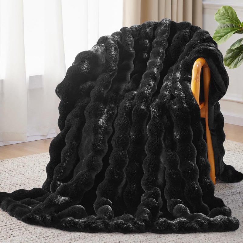 Anysay Faux Fur Throw Blanket, 1000GSM Fluffy Soft Bubble Blanket for Couch Bed, Cozy Plush Warm and Thick Blanket, Fuzzy Rabbit Throw for Living Room Bedroom 50''*60'' Black - Image 1