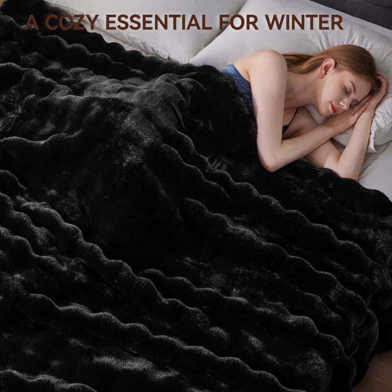 Anysay Faux Fur Throw Blanket, 1000GSM Fluffy Soft Bubble Blanket for Couch Bed, Cozy Plush Warm and Thick Blanket, Fuzzy Rabbit Throw for Living Room Bedroom 50''*60'' Black - Image 5