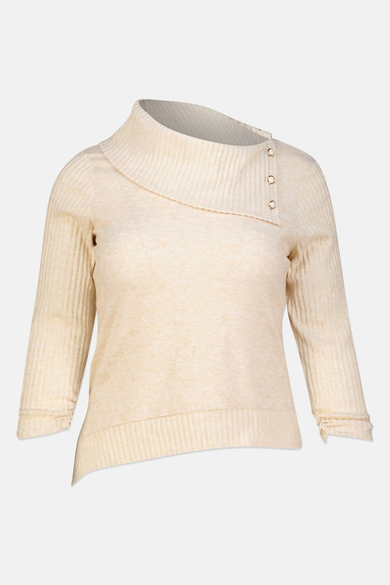 ADRIENNE VITTADINI Women Split Neck 3/4 Sleeve Ribbed Top, Beige - Image 2