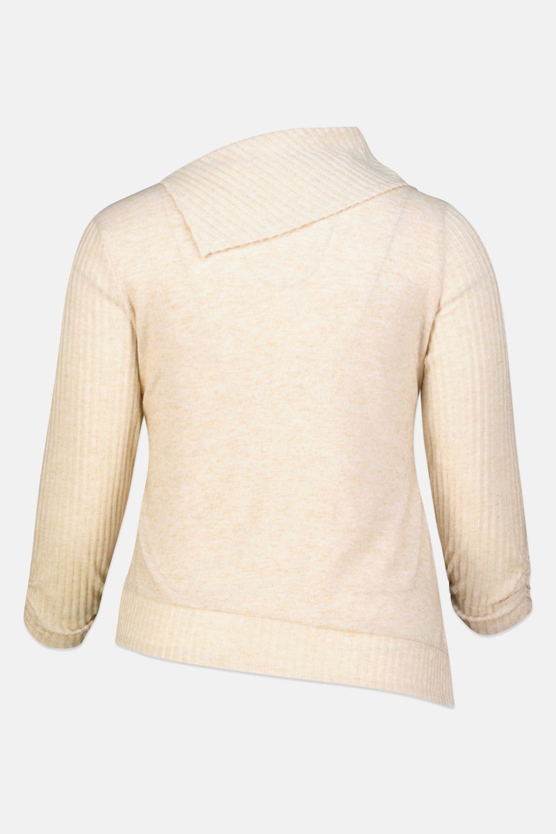 ADRIENNE VITTADINI Women Split Neck 3/4 Sleeve Ribbed Top, Beige - Image 3