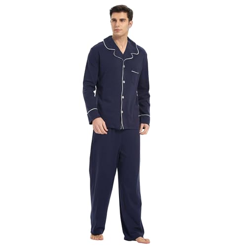 U2SKIIN Mens Cotton Pajama Set, Soft Long Sleeve Pajamas for men Lightweight Button Up Sleepwear Lounge Pjs Set with Pockets(Navy,L) - Image 1