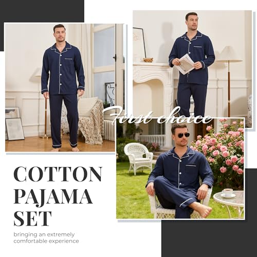 U2SKIIN Mens Cotton Pajama Set, Soft Long Sleeve Pajamas for men Lightweight Button Up Sleepwear Lounge Pjs Set with Pockets(Navy,L) - Image 4