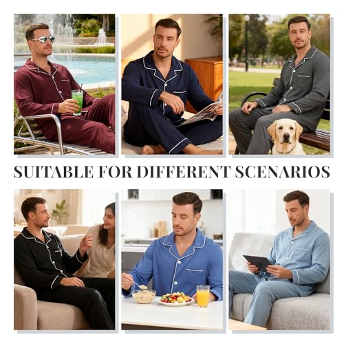 U2SKIIN Mens Cotton Pajama Set, Soft Long Sleeve Pajamas for men Lightweight Button Up Sleepwear Lounge Pjs Set with Pockets(Navy,L) - Image 5