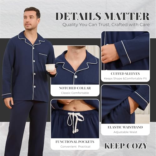 U2SKIIN Mens Cotton Pajama Set, Soft Long Sleeve Pajamas for men Lightweight Button Up Sleepwear Lounge Pjs Set with Pockets(Navy,L) - Image 3