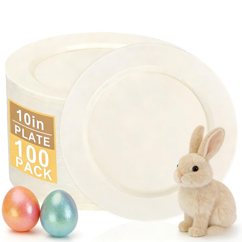 I00000 100 Pcs Ivory Plastic Plates,10inch Cream Dinner Plate, Elegant Disposable Plates Perfect for Birthday, Party,Wedding, Baby & Bridal Shower (100 Guests) - Image 1