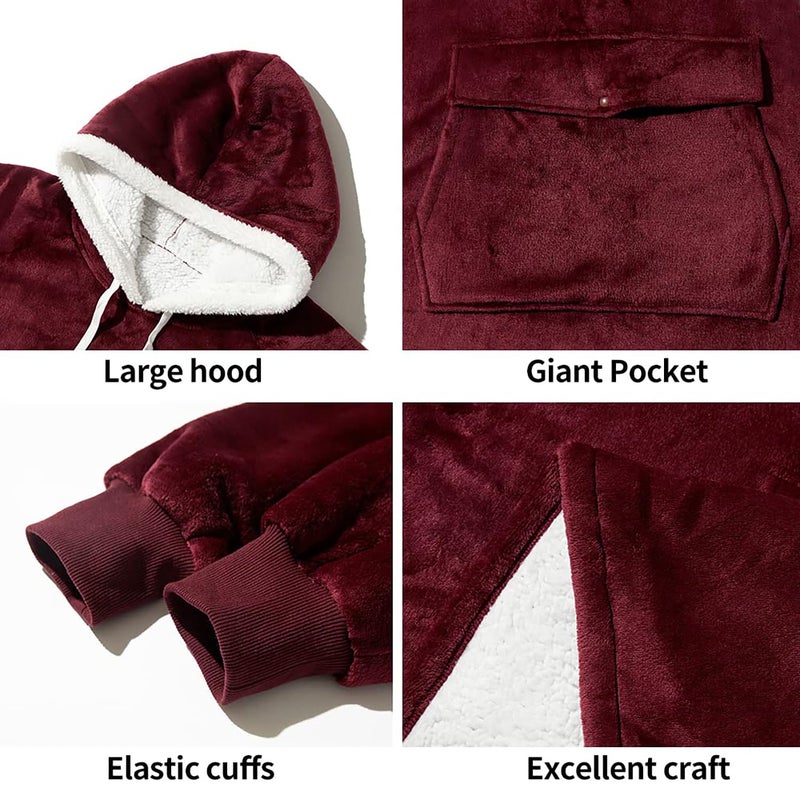 Qeils Wearable Blanket Hoodie for Women, Comfy Sherpa Sweatshirt Blanket as Birthday Christmas Gifts, Oversized Pullover Jacket Blanket Hoodie for Adult (Burgundy, Adult) - Image 4