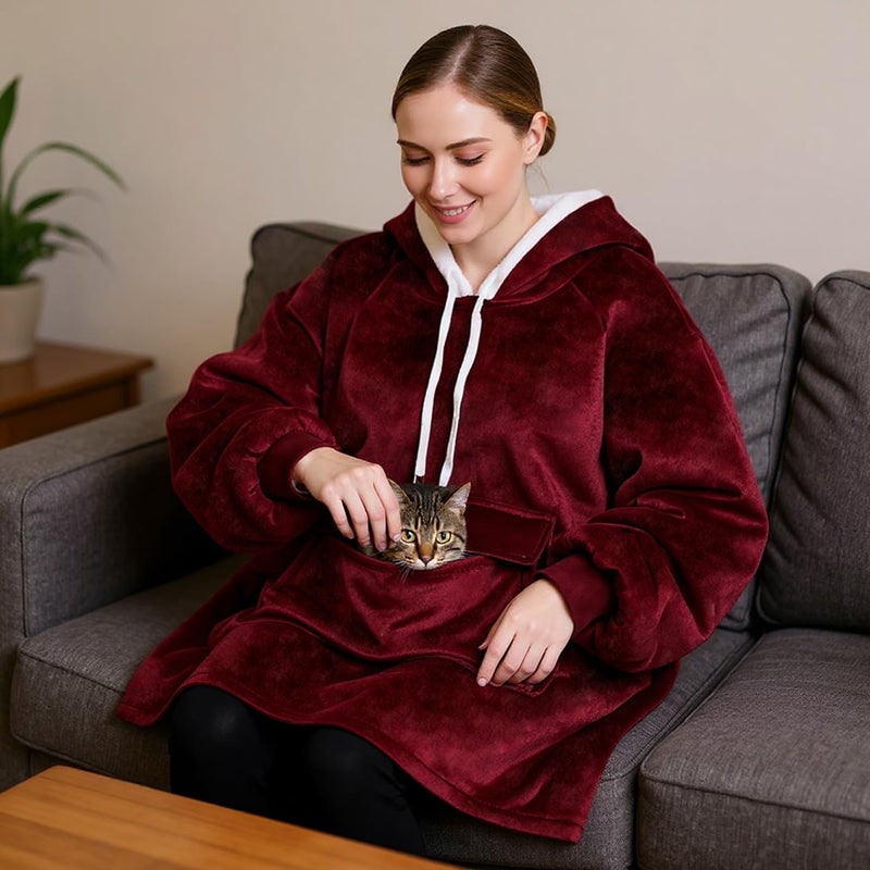Qeils Wearable Blanket Hoodie for Women, Comfy Sherpa Sweatshirt Blanket as Birthday Christmas Gifts, Oversized Pullover Jacket Blanket Hoodie for Adult (Burgundy, Adult) - Image 5