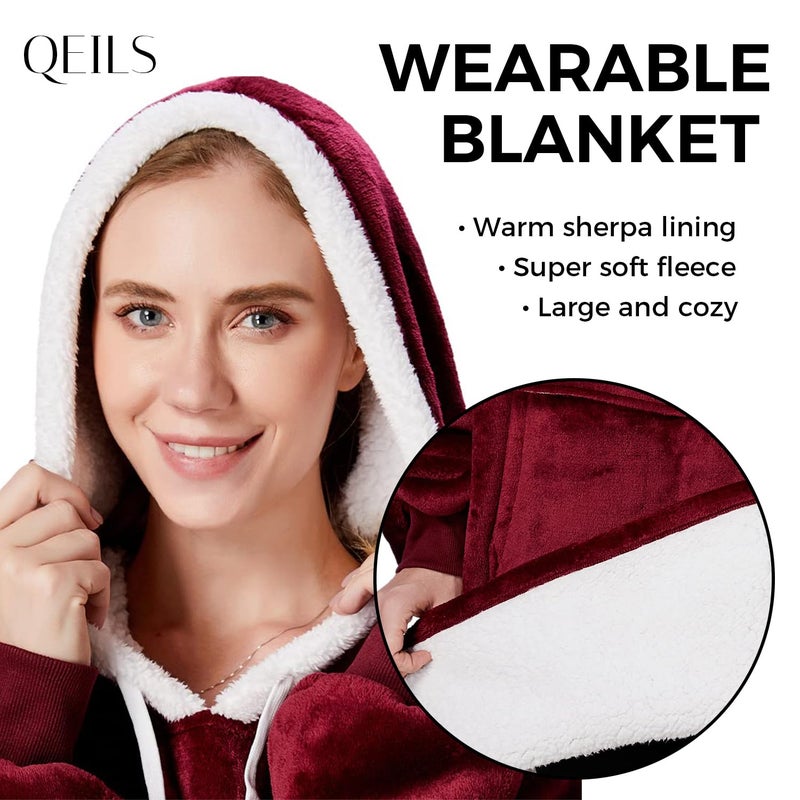 Qeils Wearable Blanket Hoodie for Women, Comfy Sherpa Sweatshirt Blanket as Birthday Christmas Gifts, Oversized Pullover Jacket Blanket Hoodie for Adult (Burgundy, Adult) - Image 2