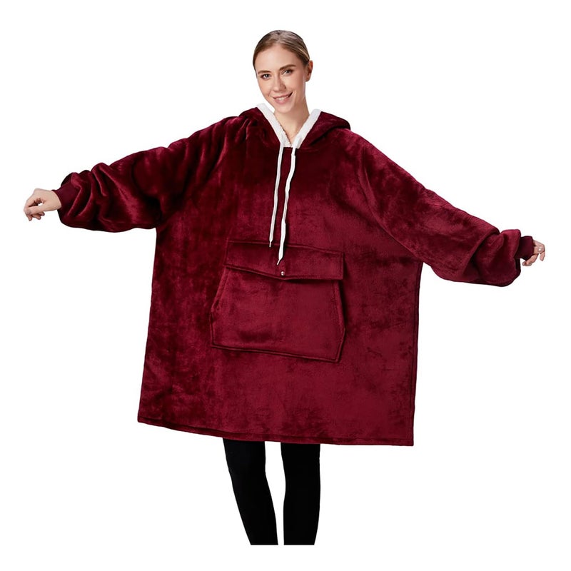 Qeils Wearable Blanket Hoodie for Women, Comfy Sherpa Sweatshirt Blanket as Birthday Christmas Gifts, Oversized Pullover Jacket Blanket Hoodie for Adult (Burgundy, Adult) - Image 1