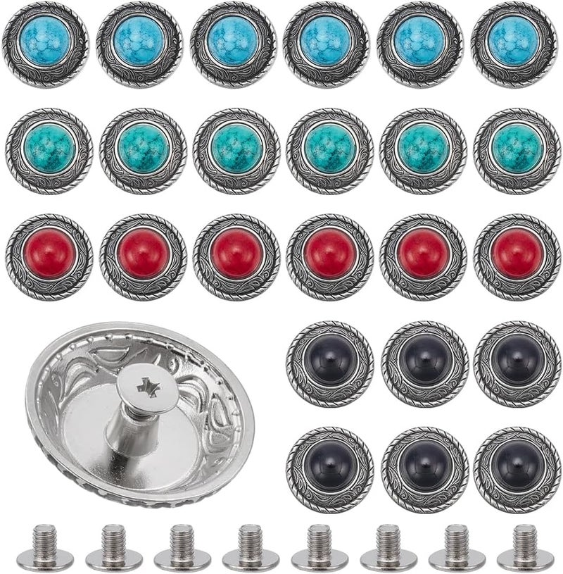 klarako 24 Sets Metal Eye Decorative Buckle, 4 Colors Round Conchos Unique Decorative Buckle - Image 1