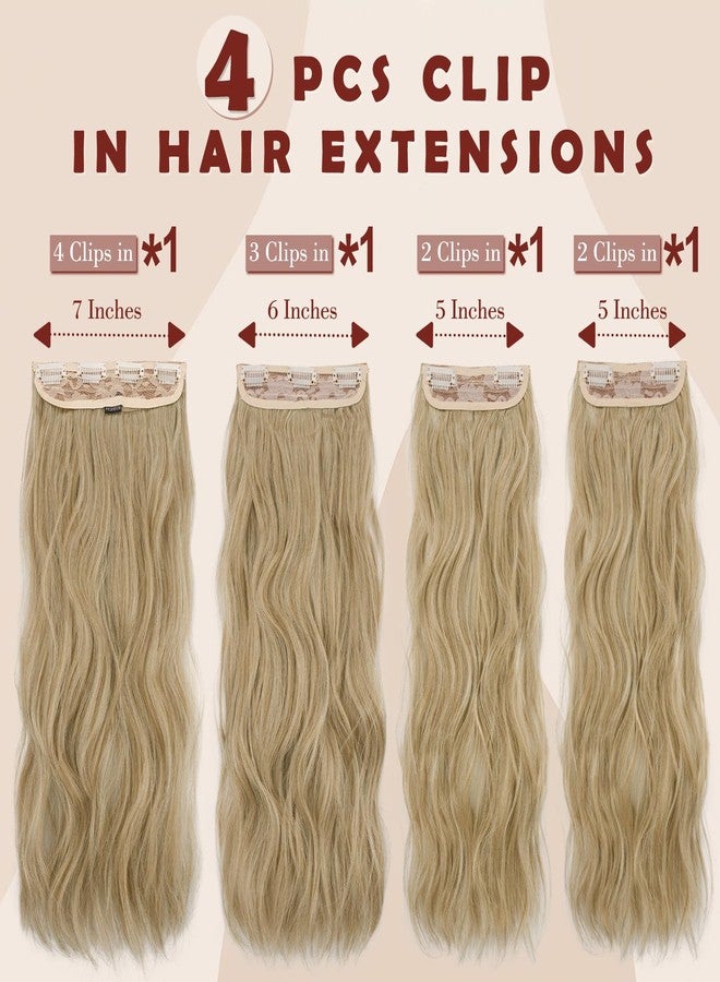 فيشبن وصلات شعر FESHFEN بمشابك للنساء - 4 قطع من الشعر الصناعي الناعم الطويل والمموج ذو النسيج المزدوج السميك مع مشبك، 50 سم، لون أشقر مختلط - Image 2