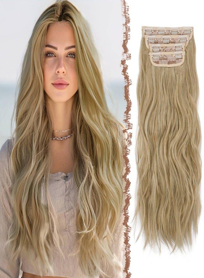 فيشبن وصلات شعر FESHFEN بمشابك للنساء - 4 قطع من الشعر الصناعي الناعم الطويل والمموج ذو النسيج المزدوج السميك مع مشبك، 50 سم، لون أشقر مختلط - Image 1