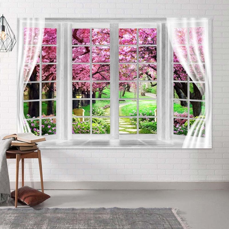 MERCHR Cherry Blossom Backdrop 10 x 8 ft Pink Spring Window Scenery Valentine's Day Phoography Background Garden Flower Tree Backdrop Polyester Banner for Baby Shower Birthday Wedding Photo Shoot Decoration - Image 4