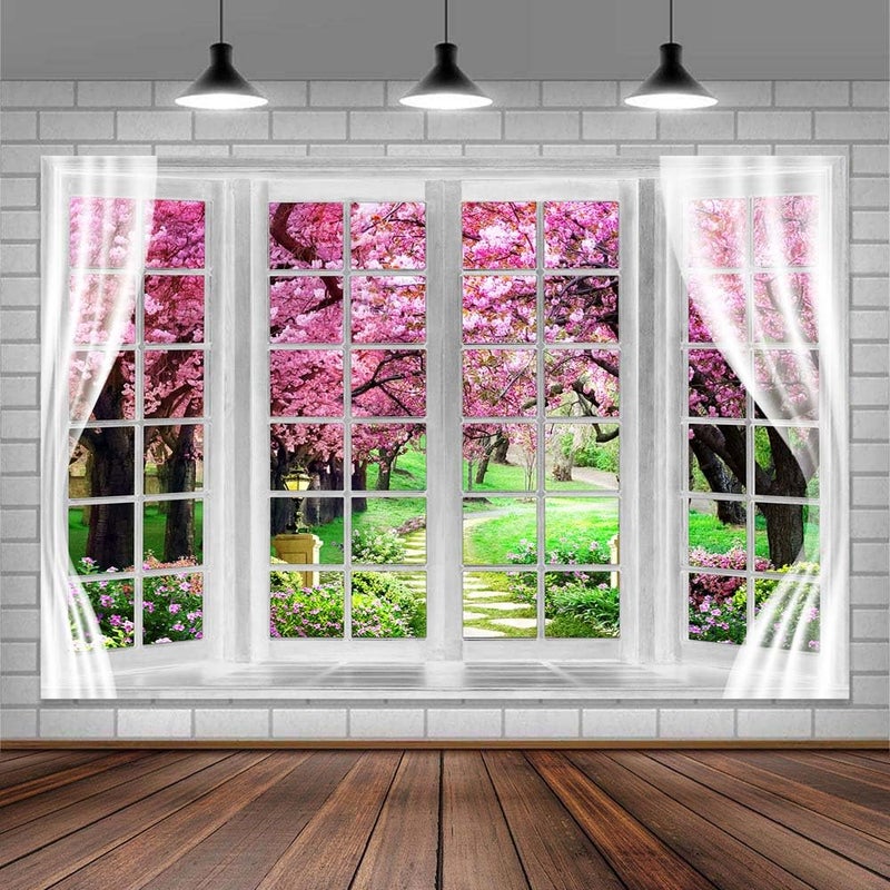 MERCHR Cherry Blossom Backdrop 10 x 8 ft Pink Spring Window Scenery Valentine's Day Phoography Background Garden Flower Tree Backdrop Polyester Banner for Baby Shower Birthday Wedding Photo Shoot Decoration - Image 2