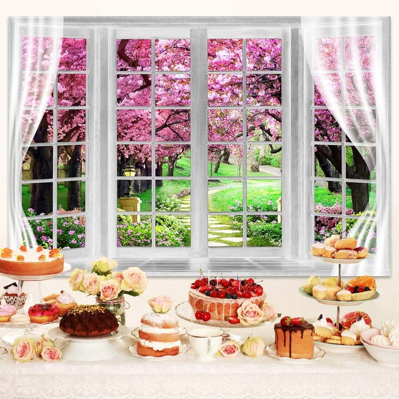 MERCHR Cherry Blossom Backdrop 10 x 8 ft Pink Spring Window Scenery Valentine's Day Phoography Background Garden Flower Tree Backdrop Polyester Banner for Baby Shower Birthday Wedding Photo Shoot Decoration - Image 5