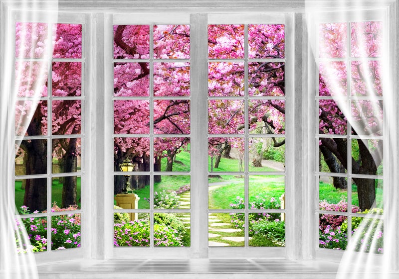 MERCHR Cherry Blossom Backdrop 10 x 8 ft Pink Spring Window Scenery Valentine's Day Phoography Background Garden Flower Tree Backdrop Polyester Banner for Baby Shower Birthday Wedding Photo Shoot Decoration - Image 1