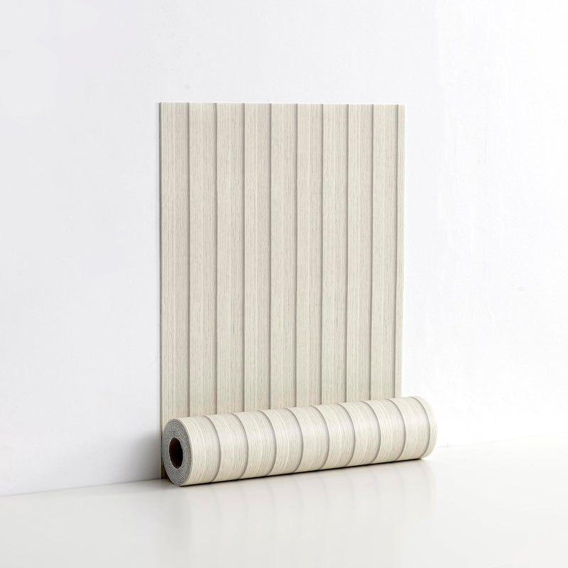 LVSHI Peel and Stick PVC Slat Wall Panels, Wood Grain Self-Adhesive Soundproof Moisture-Resistant Paneling, 3D Faux Wood Panels for Bedroom Bathroom Walls & Ceilings 118"x15.75"(Off-White,13Sq.ft) - Image 1