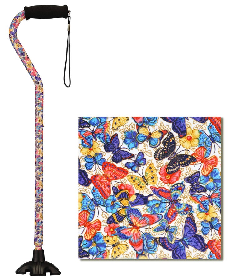 NOVA NOVA Medical Products NOVA Sugarcane Walking Cane with All Terrain Rubber Quad Tip Base and Carrying Strap Butterfly Symphony Design 