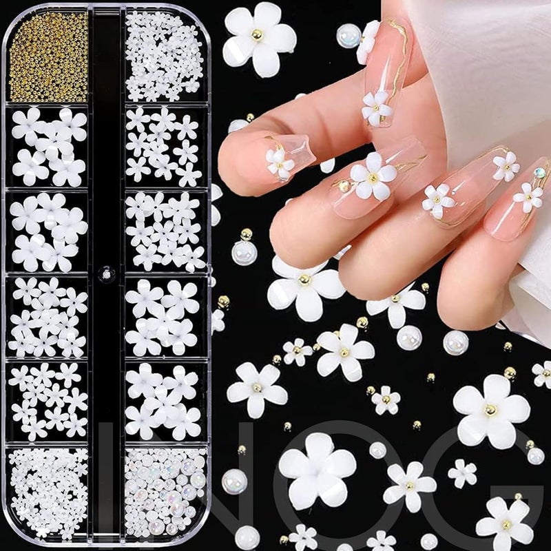 INOG 3D Flower Nail Art Charms, 250pcs White Flowers Rhinestones Kit, Crystal Pearls Flat Design Acrylic Studs Manicures Accessories for Women Girls - Image 1
