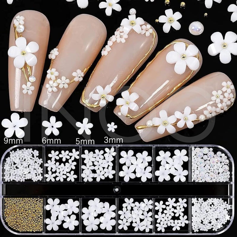 INOG 3D Flower Nail Art Charms, 250pcs White Flowers Rhinestones Kit, Crystal Pearls Flat Design Acrylic Studs Manicures Accessories for Women Girls - Image 2