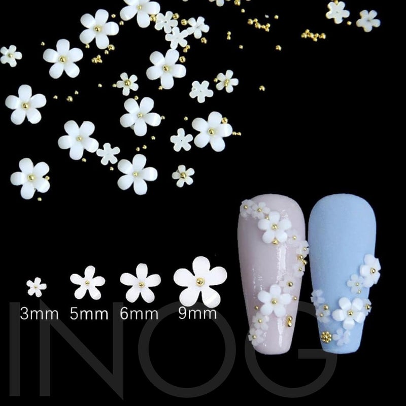 INOG 3D Flower Nail Art Charms, 250pcs White Flowers Rhinestones Kit, Crystal Pearls Flat Design Acrylic Studs Manicures Accessories for Women Girls - Image 5